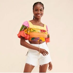 FARM Rio Colorblock Puff-Sleeve Crop Top - Pink/Yellow/Orange Size XS